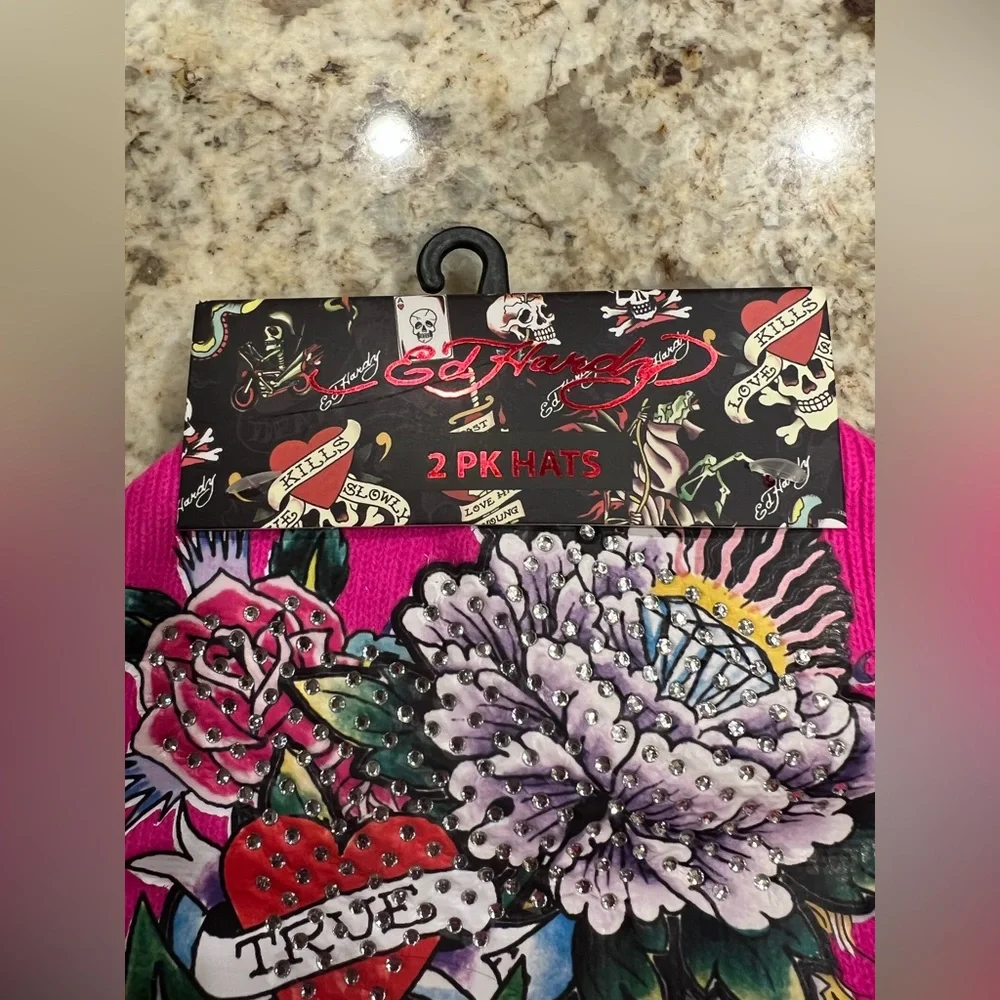 Ed Hardy Beanies (set of two) Hot Pink/Black Beanie